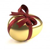 alt="Gold Easter Egg in a Red Ribbon"